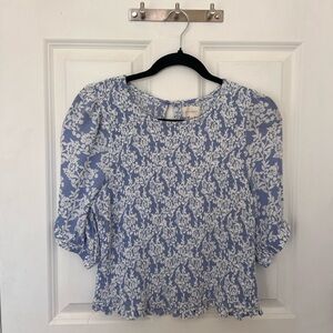 Melloday Women's Blue and White Ruched Floral Top, Size L